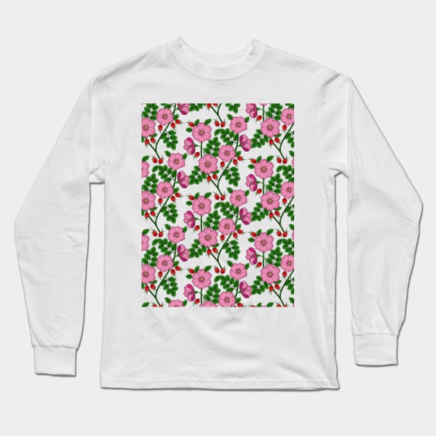 Dog Rose Pattern Long Sleeve T-Shirt by Designoholic